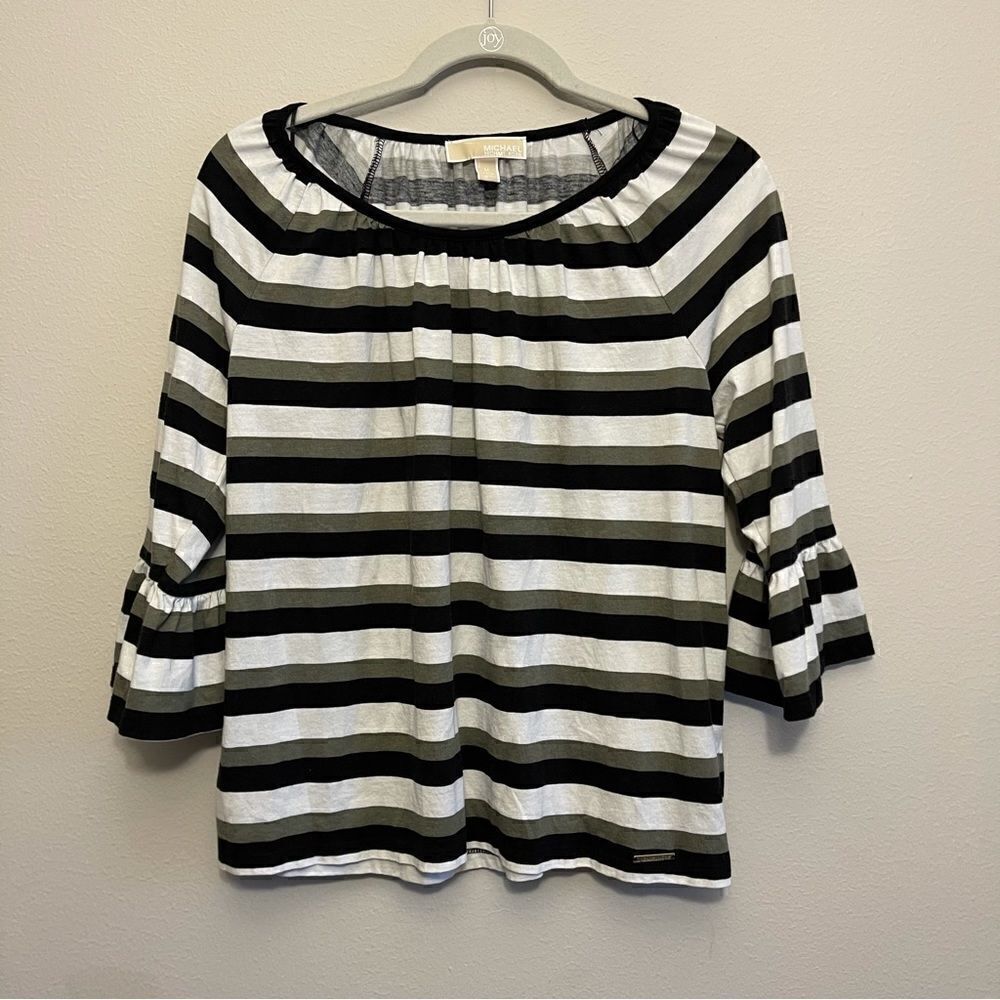 Michael Kors Women’s Blouse Bell Sleeve Olive/Black/Cream Striped size medium